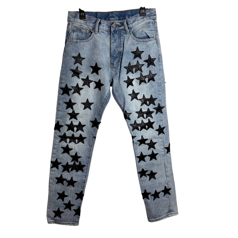 MNML Light Wash Denim Jeans w/ Black Leather Star Patchwork Button-Fly Cotton 31